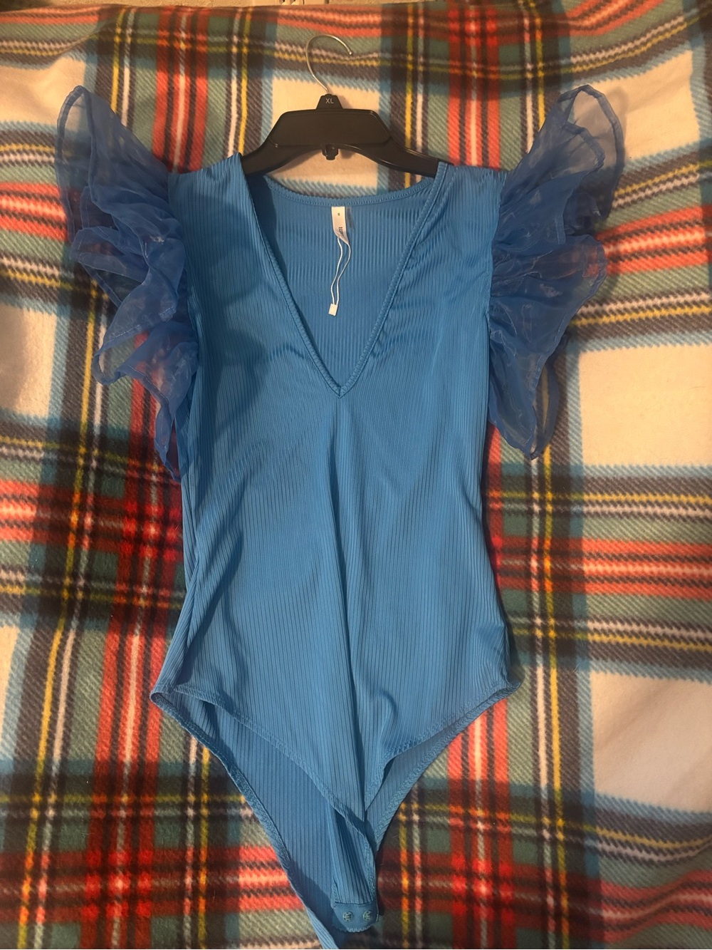 glam Blue Ruffle Sleeve V-Neck One-Piece Bodysuit
